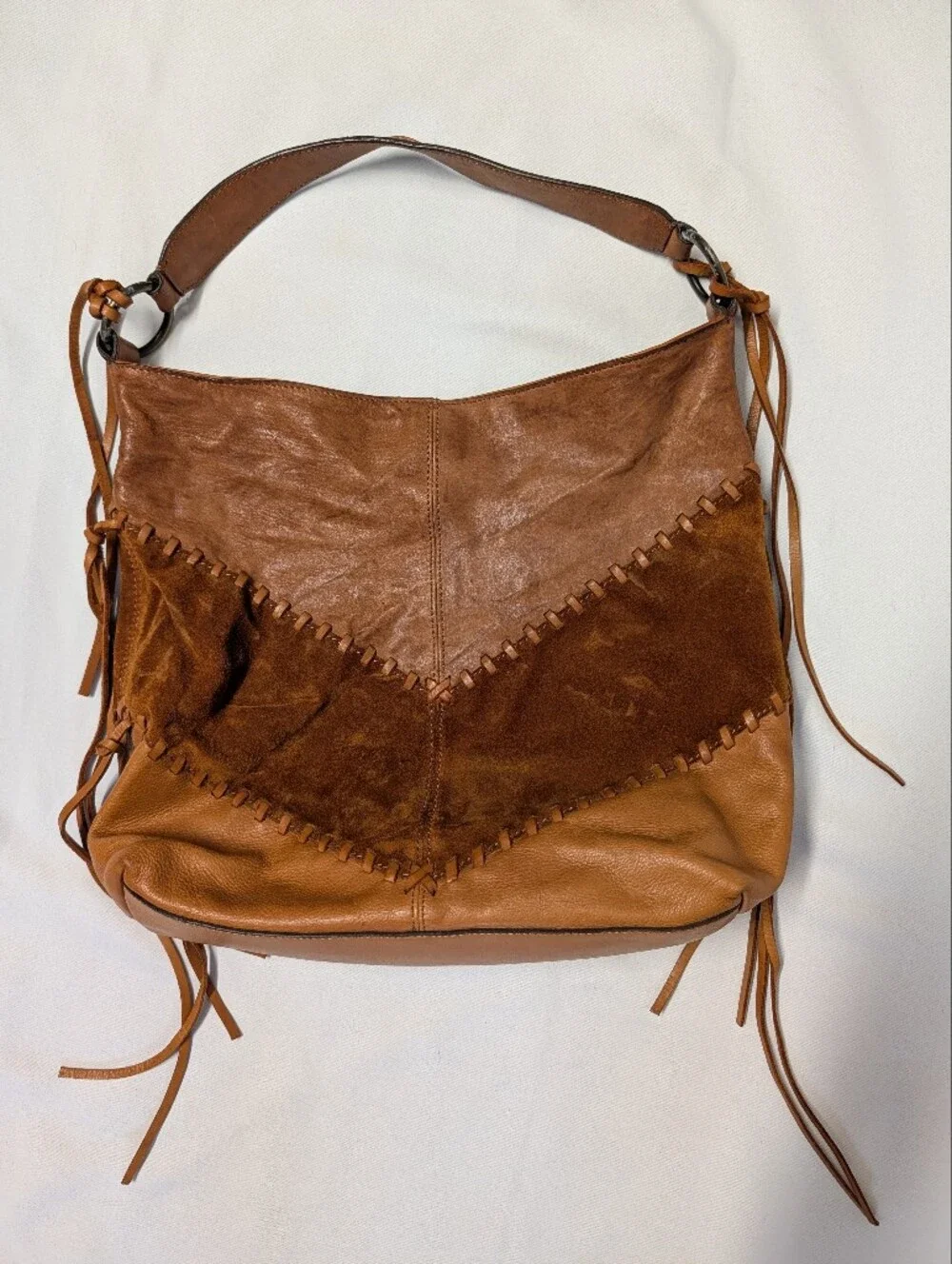 Johnny Was Brown and Tan Leather Suede Fringe Shoulder Bag